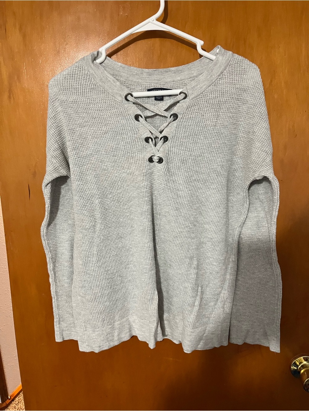 American Eagle Outfitters Light Gray Lace-Up Waffle Knit Hoodie
